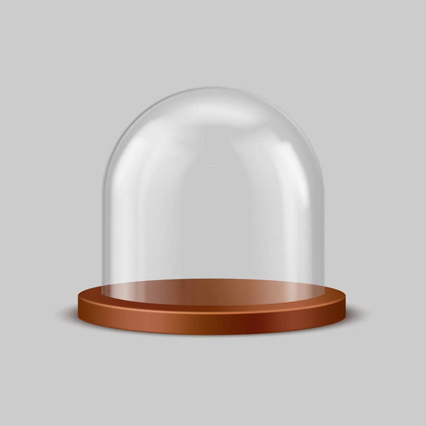 Spherical dome, transparent case for exhibitions and presentations, kitchen utensils and Christmas souvenirs. 3D realistic exhibition display with light wood plate, vector illustration - Vektor, kép