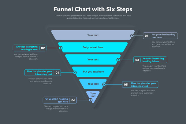 Funnel chart template with six steps - dark version. Slide for business presentation. - Vektor, obrázek