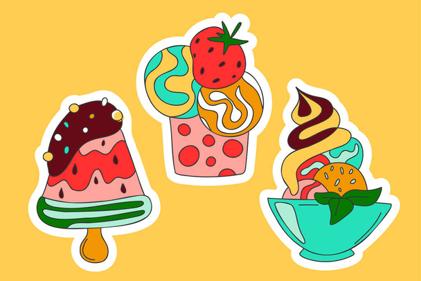 Cute deserts doodle stickers. Eskimo pie popsicle, ice cream balls strawberry in cup, soft ice cream mint leaves in bowl. Cold summer sweets for print birthday decor card party vector illustration - ベクター画像