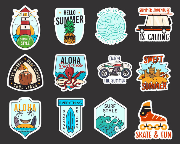 Funny creative vector stickers with various inscriptions and colorful summer thematic images against black background - ベクター画像