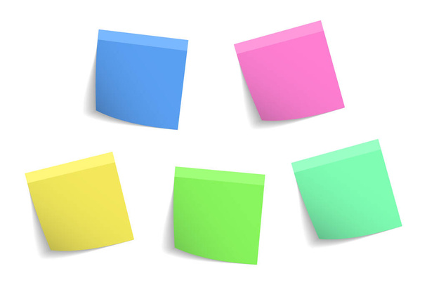 Realistic office sticky paper reminder notes in colors. Adhesive square memo pages for important messages. Sticker post notepad vector set.  - Vetor, Imagem