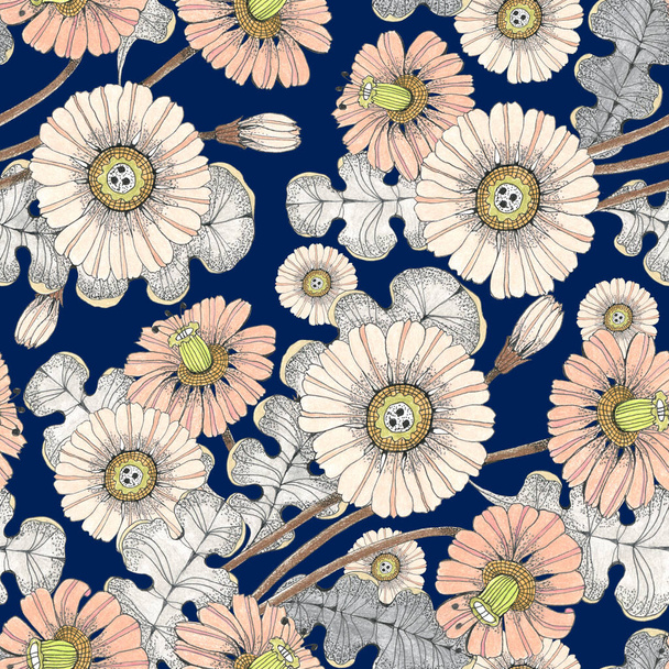 Flowers gerbera with leaves draw in colored pencils. Floral composition. Seamless pattern on blue background. - Zdjęcie, obraz