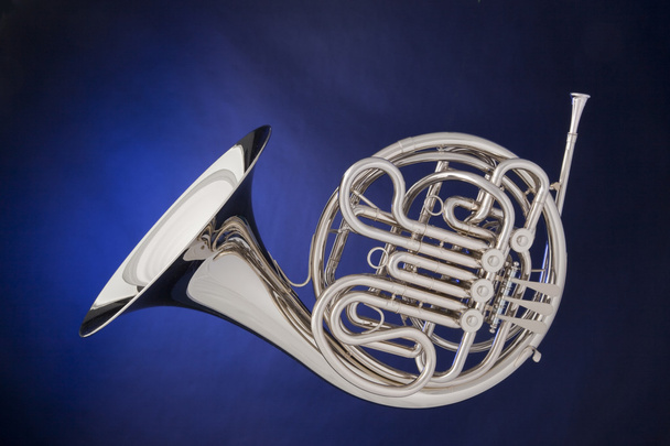 French Horn Silver Isolated On Blue - Photo, Image