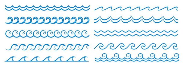 Морська хвильова лінія, синя водяний візерунок межує і рамки, векторні океанські пульсації. Хвильові і хвилясті лінії розділювачі з припливними брилами, зигзагоподібні криві і завитки, лінійні дошки і рамки або кордони
 - Вектор, зображення