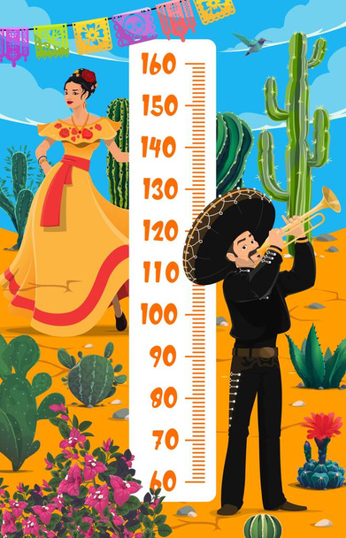 Mexican musician and woman in national dress kids height chart. Vector scale of cartoon growth measure meter, wall sticker with mexican desert, cactuses, papel picado and paper flags garlands - Vetor, Imagem