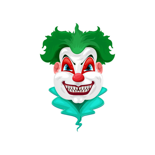 Scary circus monster face with green wig isolated cartoon character. Vector evil clown with sharp teeth, Halloween holiday creepy monster with red nose, spooky creature with angry face expression - Vektör, Görsel