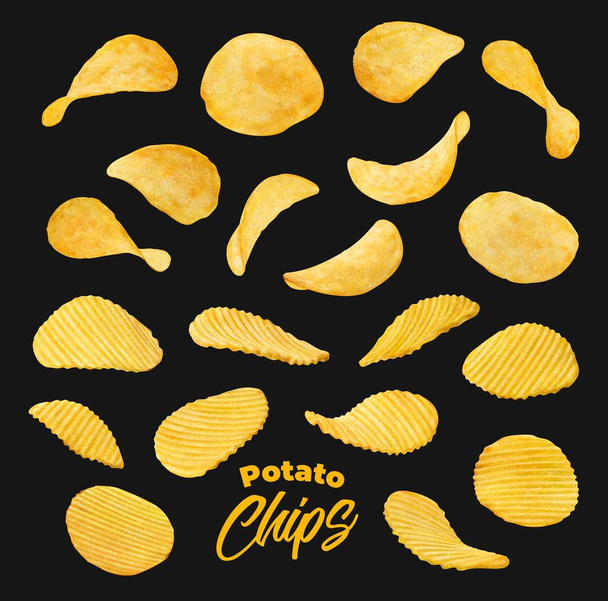 Realistic wavy and ripple potato chips, isolated vector for snacks package. Flying and falling crispy or ribbed baked potato chips splash, crunchy crisps appetizer advertising and food package design - Vektor, kép