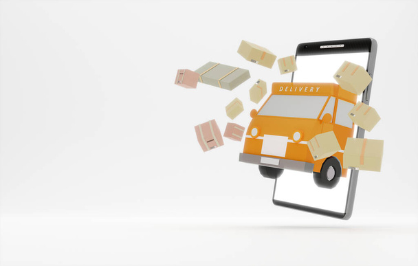 Online global logistic truck van delivery on phone.3d rendering - Fotoğraf, Görsel