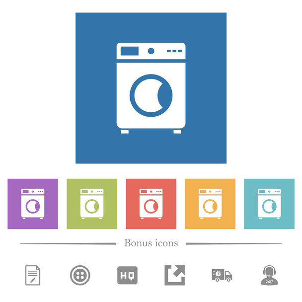 Washing machine flat white icons in square backgrounds. 6 bonus icons included. - Vector, Image