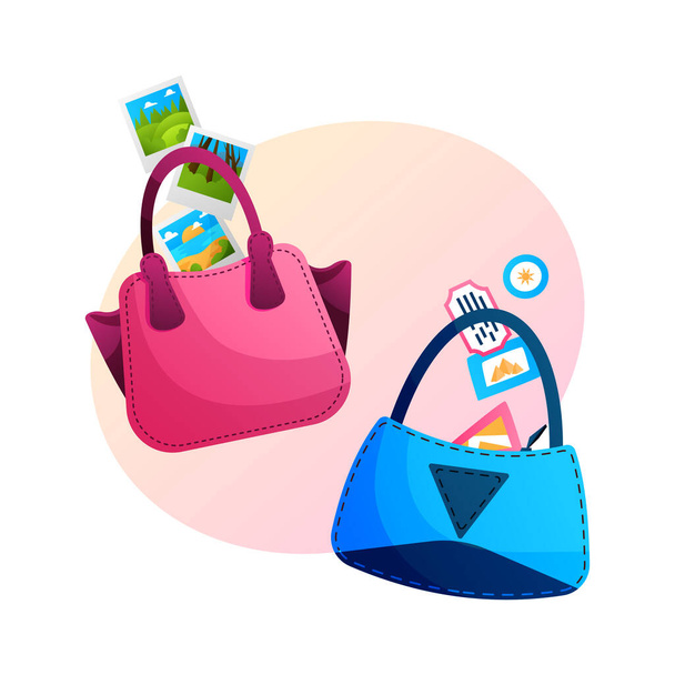 Women handbags with travel photos vector cartoon illustration. Pink and blue purses and suitcase tickets. Bags for online store, or shop website design. - Vektör, Görsel