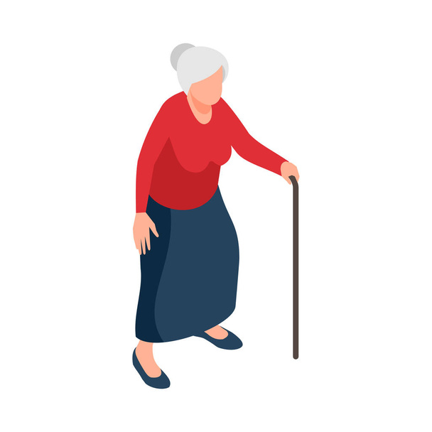 Isometric grandmother with walking stick 3d vector illustration - Vector, imagen