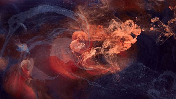 Liquid fluid art abstract background. Orange blue acrylic paint underwater, galactic smoke ocean - Foto, afbeelding