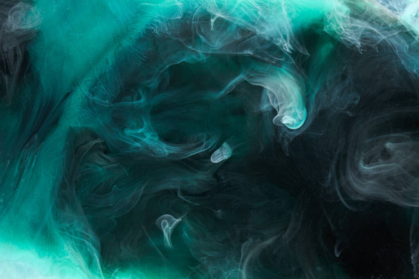 Liquid fluid art abstract background. Blue green acrylic paint underwater, galactic smoke ocean - Foto, Imagem