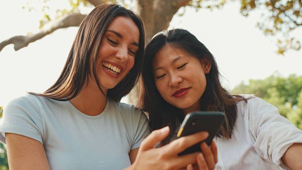 Young multi ethnic smiling women are watching videos on their phone. Girls laugh at picnic on summer day outdoors - 写真・画像
