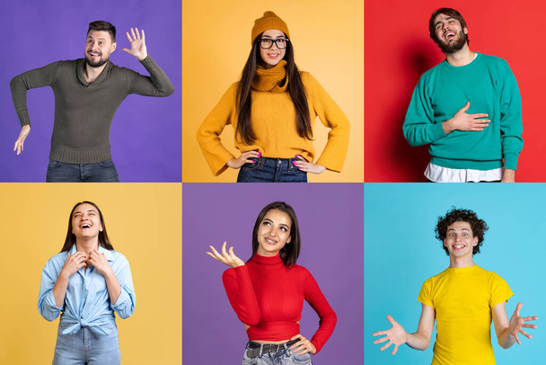 Collage. Portraits of young cheerful people posing isolated over multicolored background. Showing positive emotions. Concept of emotions, facial expression, feelings, fashion, beauty, ad - Zdjęcie, obraz