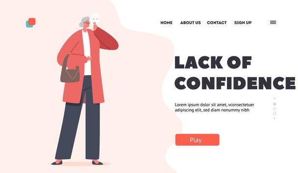 Lack of Confidence Landing Page Template. Sad Senior Woman Covering Crying Face With Smiling Mask Expressing Opposite Emotion. Impostor Syndrome, Hypocrisy, Stress. Cartoon People Vector Illustration - Vektor, Bild