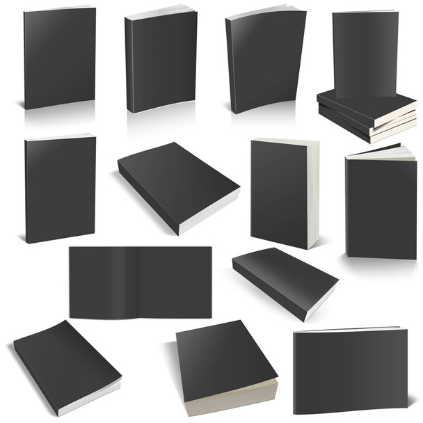 Thirteen Paperback books black white template for presentation layouts and design. 3D rendering. Digitally Generated Image. Isolated on white background. - Fotografie, Obrázek