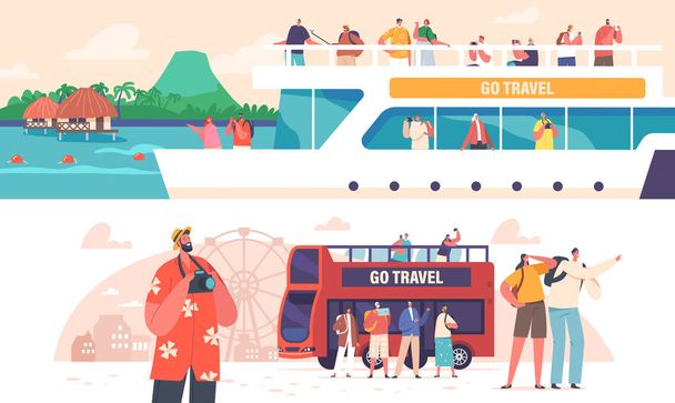 People Travel On Cruise Liner and Bus. Characters with Photo Cameras on Boat Deck With Seascape View, Summer Vacation Journey On Passenger Vessel and Autobus. Cartoon Vector Illustration - Wektor, obraz