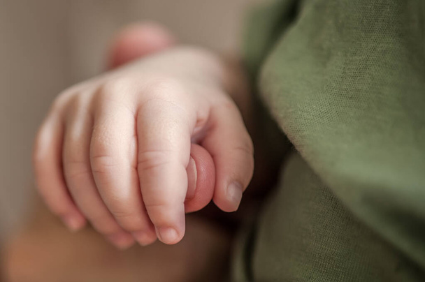 Close-up detail macro view of baby holding on to parent finger with his little hand. Soft child skin. Love and family emotion - Foto, imagen