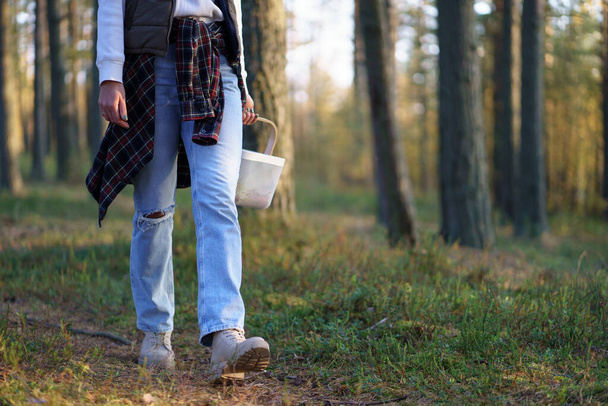 Woman walks with basket of mushrooms and berries among trees. Female legs in jeans walking on small grass pathway among tree trunks through wood closeup crop body. City woman adventure in countryside - Photo, image