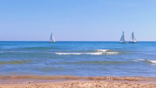 Yachts in the blue sea against the background of the horizon. Sailing seascape at summer sunny day. Yachting on sailboats. Luxury lifestyle with calm and relax concept. Mediterranean Sea, Spain - 映像、動画