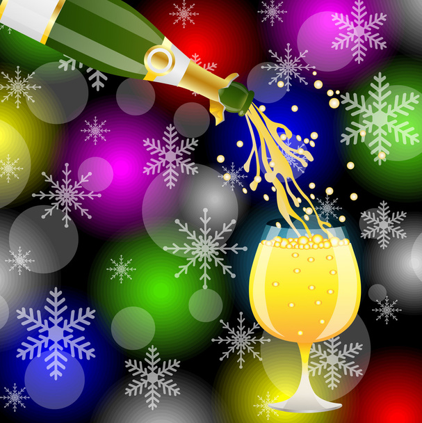 christmas postal with the bottle of champagne and glass - Vector, afbeelding