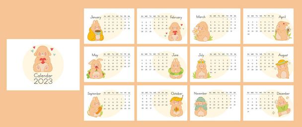 Vector vertical calendar 2023 with symbol of the year rabbit. Cute funny kawaii character baby bunny. Week starts in Sunday. Template with cover in size A4 A3 A2 A5.  - Vector, Image