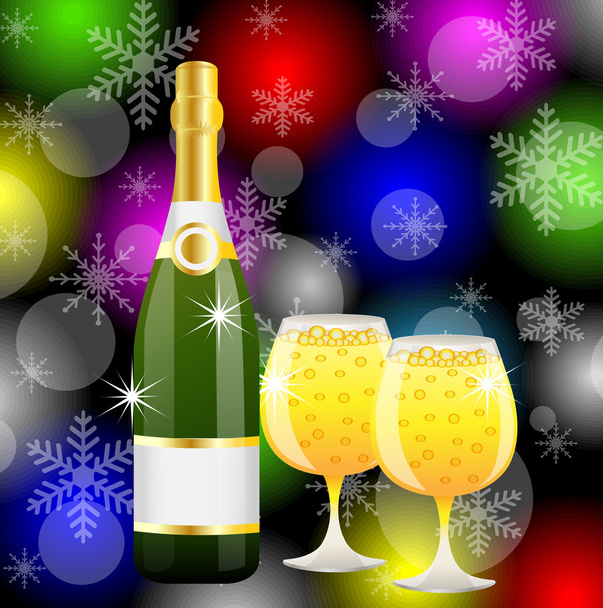 christmas postal with a bottle and glasses of champagne - Vector, Imagen