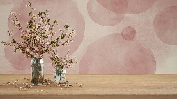 Wooden table, desk or shelf close up. Branches of cherry blossoms in glass vase. Plaster painted wall in red tones with copy space, template, mock up, spring concept - Fotoğraf, Görsel