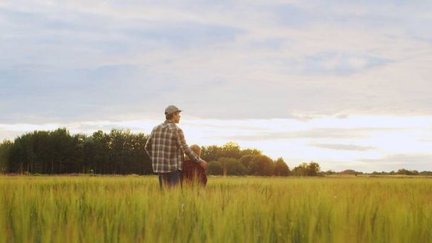 Farmer and his son in front of a sunset agricultural landscape. Man and a boy in a countryside field. The concept of fatherhood, country life, farming and country lifestyle. - Photo, image