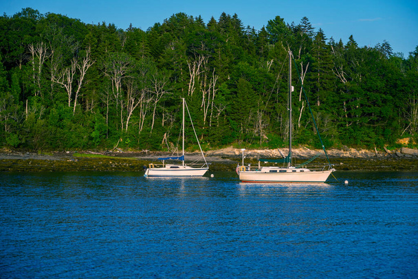 Barcos e armazém em uma doca no porto de pesca da costa do Maine - Foto, Imagem