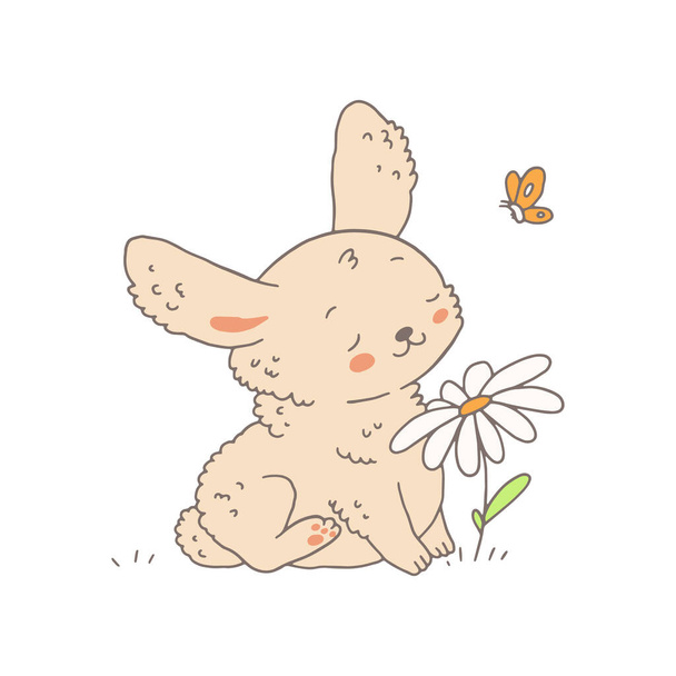 Rabbit or bunny funny animal with flower, cartoon doodle style vector illustration isolated on white background. Cute rabbit animal baby for summer design. - Vektör, Görsel