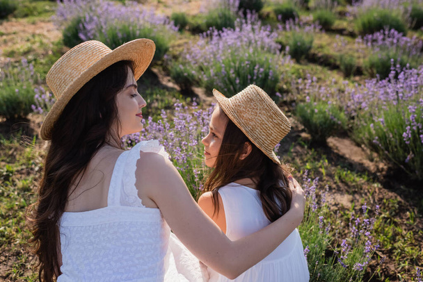 brunette woman and girl looking at each other while sitting in lavender meadow - 写真・画像