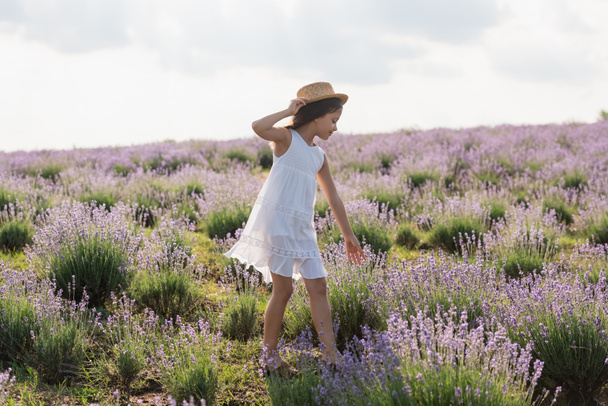 full length of kid in straw hat and white dress walking in lavender field - Foto, imagen