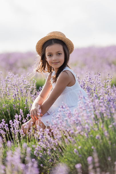 child in summer dress and straw hat sitting in lavender field - Foto, Imagen