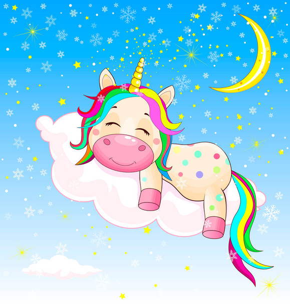 A little unicorn sleeps sweetly on a cloud on Christmas night. Shining moon, winter snowy night with snowflakes and glowing stars. - Вектор,изображение