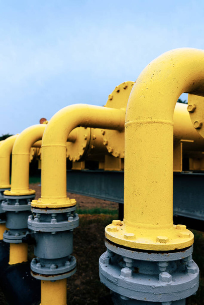 Gas pipes oil energy. Yellow gas pipeline energy equipment. Fuel power technology. Safety valve in gas pipe industry - Photo, Image
