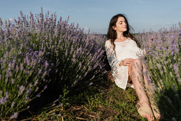 έγκυος γυναίκα με κλειστά μάτια κάθεται στο πεδίο με ανθισμένη λεβάντα  - Φωτογραφία, εικόνα