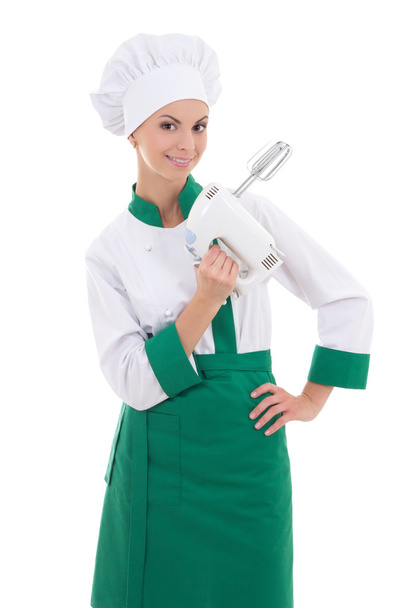 cuoco unico di giovane donna attraente con miscelatore isolato su bianco - Foto, immagini