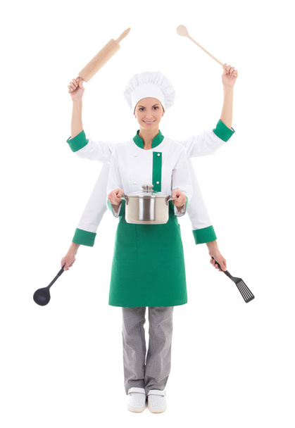 fast food concept - attractive woman in chef uniform with six ha - Photo, Image