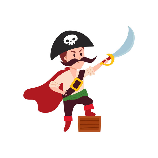 Pirate captain on a white background, vector flat illustration. A pirate with a sword and a hat. Pirate Adventure Game - Vetor, Imagem