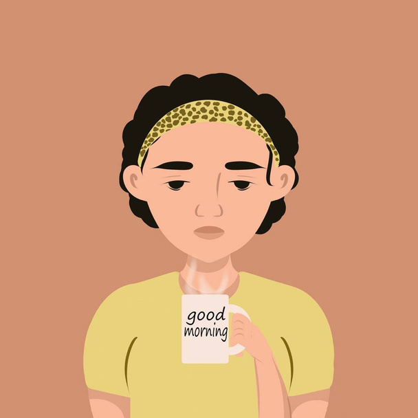 sleepy morning, morning cup of coffee, lazy start of the day, flat illustration with just woken up girl with a cup of coffee. - Foto, Imagen