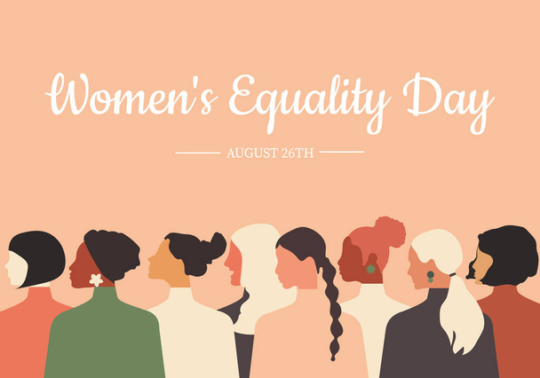 День равенства женщин. Женщины разных возрастов, национальностей и религий объединяются. Горизонтальный розовый пастельный плакат.  - Фото, изображение