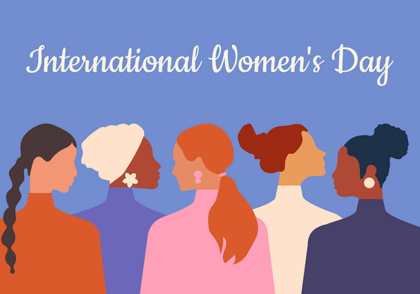 International Women's Day. Women of different ages, nationalities and religions come together. Horizontal blue poster.  - Foto, immagini