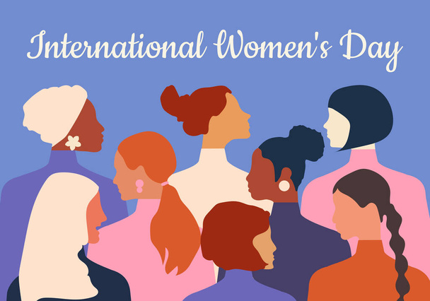 International Women's Day. Women of different ages, nationalities and religions come together. Horizontal blue poster.  - Foto, Bild