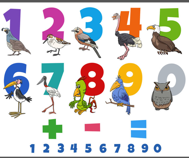 Cartoon illustration of educational numbers set from one to nine with comic birds animal characters - Διάνυσμα, εικόνα