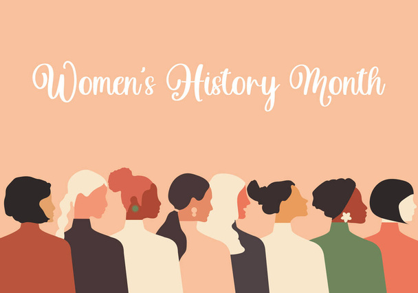 Women's History Month. Women of different ages, nationalities and religions come together. Horizontal pink poster. - Foto, Imagen