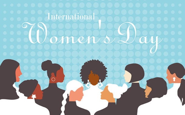 International Women's Day. Crowd of modern women of different nationalities and religions in flat design style. Horizontal blue retro poster.  - 写真・画像