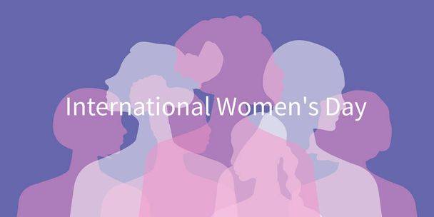 International Women's Day. Women of different ages, nationalities and religions come together. Horizontal white poster with transparent silhouettes of women.  - Foto, afbeelding