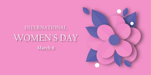 International Women's Day. Beautiful floral design in paper art style. Pink horizontal background with text. - 写真・画像